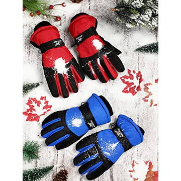 SATINIOR 2 Pairs Kids Waterproof Gloves Winter Warm Gloves Outdoor Thickening Ski Gloves Cold Weather Snowboard Gloves for Boys Girls (Red, Blue,6-10 Years)