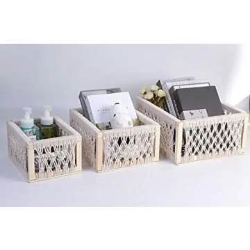 Macrame Storage Baskets for Shelves and Closet, Boho Storage Bins Decorative Boxes for Home Decor, Perfect Pampas Grass Holder at Living Room(White, Set of 3)