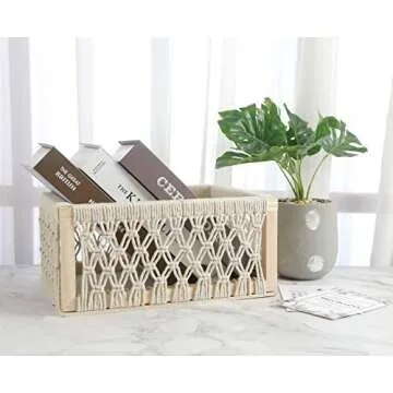 Macrame Storage Baskets for Shelves and Closet, Boho Storage Bins Decorative Boxes for Home Decor, Perfect Pampas Grass Holder at Living Room(White, Set of 3)