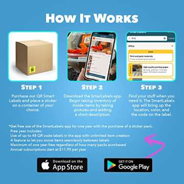 QR Code Smart Labels | Color Coded Scannable Stickers for Storage Bins, Moving Containers & Organization | Pack and Track Inventory on iOS & Android App | Pack of 48 (Modern)