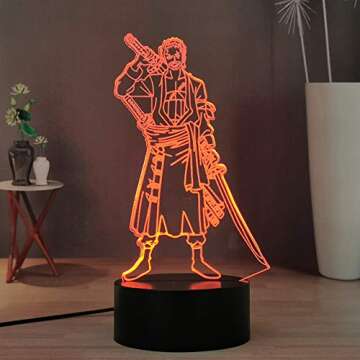 Laysinly Anime Roronoa Zoro 3D Night Light, Manga Figure Luffy Zoro Touch Bedside Lamp 16 Color Bedr...