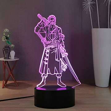 Laysinly Anime Roronoa Zoro 3D Night Light, Manga Figure Luffy Zoro Touch Bedside Lamp 16 Color Bedroom LED Night Light, Anime Luffy 3D Desk Lamp for Birthday Christmas to Boys/Girls/Fans