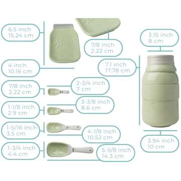 Vintage Mason Jar Kitchenware Set by Comfify - Multi-Piece Kitchen Ceramic Decor Set w/ 4 Measuring Cups, 4 Measuring Spoons and Spoon Rest - Attractive Vintage Style, in Green Embossed Ceramic