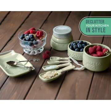 Vintage Mason Jar Kitchenware Set by Comfify - Multi-Piece Kitchen Ceramic Decor Set w/ 4 Measuring Cups, 4 Measuring Spoons and Spoon Rest - Attractive Vintage Style, in Green Embossed Ceramic