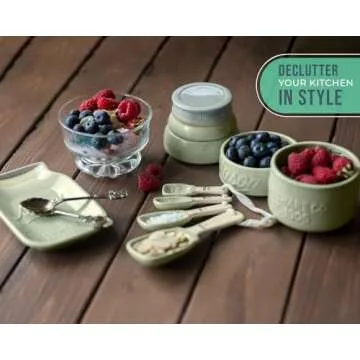 Vintage Mason Jar Kitchenware Set by Comfify - Multi-Piece Kitchen Ceramic Decor Set w/ 4 Measuring Cups, 4 Measuring Spoons and Spoon Rest - Attractive Vintage Style, in Green Embossed Ceramic