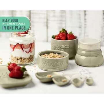 Vintage Mason Jar Kitchenware Set by Comfify - Multi-Piece Kitchen Ceramic Decor Set w/ 4 Measuring Cups, 4 Measuring Spoons and Spoon Rest - Attractive Vintage Style, in Green Embossed Ceramic