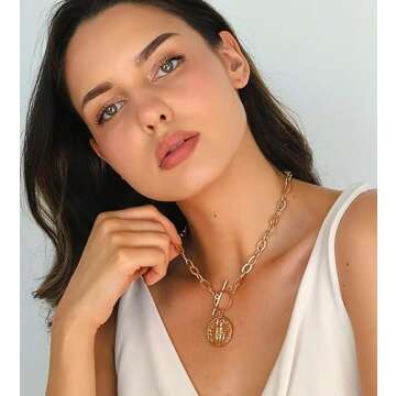 POMINA Chunky Coin Fashion Gold Necklace Trendy Statement Toggle Necklaces Women Antique Gold Coin P...