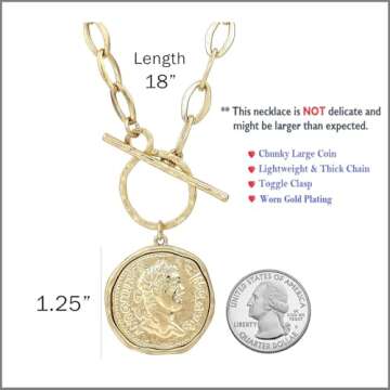 POMINA Chunky Coin Fashion Gold Necklace Trendy Statement Toggle Necklaces Women Antique Gold Coin Pendant Thick Link Chain Layered Gold Necklaces for Women (Worn Gold)