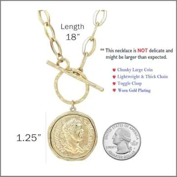 POMINA Chunky Coin Fashion Gold Necklace Trendy Statement Toggle Necklaces Women Antique Gold Coin Pendant Thick Link Chain Layered Gold Necklaces for Women (Worn Gold)