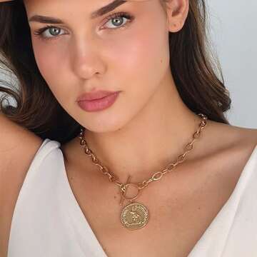 POMINA Chunky Coin Fashion Gold Necklace Trendy Statement Toggle Necklaces Women Antique Gold Coin Pendant Thick Link Chain Layered Gold Necklaces for Women (Worn Gold)