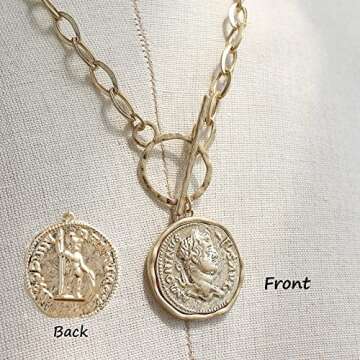 POMINA Chunky Coin Fashion Gold Necklace Trendy Statement Toggle Necklaces Women Antique Gold Coin Pendant Thick Link Chain Layered Gold Necklaces for Women (Worn Gold)