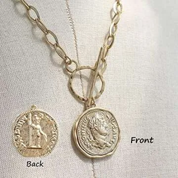 POMINA Chunky Coin Fashion Gold Necklace Trendy Statement Toggle Necklaces Women Antique Gold Coin Pendant Thick Link Chain Layered Gold Necklaces for Women (Worn Gold)