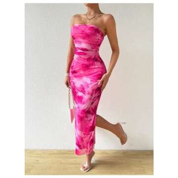 GORGLITTER Women's Strapless Floral Maxi Dress - Hot Pink
