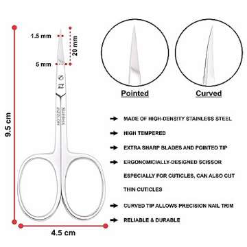 ZIZZLON Cuticle Scissors Extra Fine Curved Stainless Steel Eyebrow Scissors, Professional Grooming Scissors for Beard, Nose Hair, Eyelash, Mustache, Dry Skin - Manicure Scissors