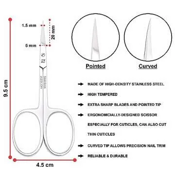 ZIZZLON Cuticle Scissors Extra Fine Curved Stainless Steel Eyebrow Scissors, Professional Grooming Scissors for Beard, Nose Hair, Eyelash, Mustache, Dry Skin - Manicure Scissors