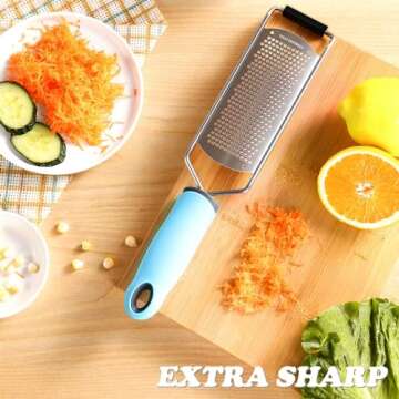 Chef Quality Zester Grater - Handheld Kitchen Rasp with Fine Hole Blade - Perfect for Cheese, Lemon, Citrus, Lime, Ginger, Garlic, Chocolate, and More (Blue)