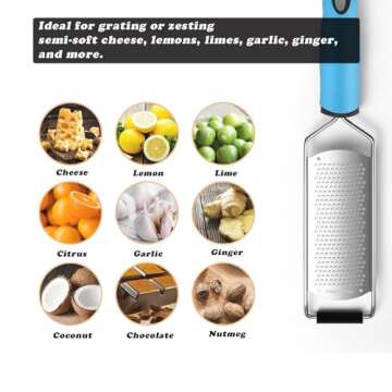 Chef Quality Zester Grater - Handheld Kitchen Rasp with Fine Hole Blade - Perfect for Cheese, Lemon, Citrus, Lime, Ginger, Garlic, Chocolate, and More (Blue)