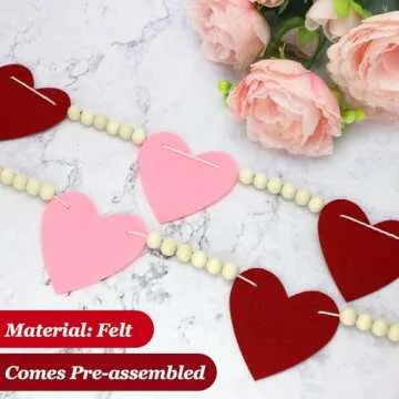 Valentines Day Decor, Red Pink Felt Heart Wood Beads Garland for Valentines Decorations, Valentines Day Felt Banner Decorations for Home Mantel Wedding Anniversary Party Supplies