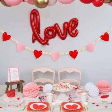 Valentines Day Decor, Red Pink Felt Heart Wood Beads Garland for Valentines Decorations, Valentines Day Felt Banner Decorations for Home Mantel Wedding Anniversary Party Supplies