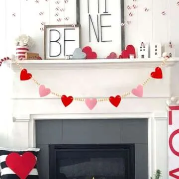 Valentines Day Decor, Red Pink Felt Heart Wood Beads Garland for Valentines Decorations, Valentines Day Felt Banner Decorations for Home Mantel Wedding Anniversary Party Supplies