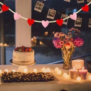 Valentines Day Decor, Red Pink Felt Heart Wood Beads Garland for Valentines Decorations, Valentines Day Felt Banner Decorations for Home Mantel Wedding Anniversary Party Supplies