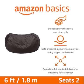 Amazon Basics Large Bean Bag Chairs for Adults, 6 ft Grey Memory Foam Filled with Solid Microfiber Cover