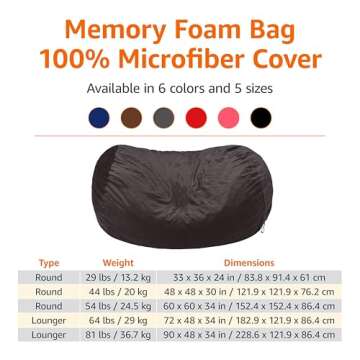 Amazon Basics Large Bean Bag Chairs for Adults, 6 ft Grey Memory Foam Filled with Solid Microfiber Cover