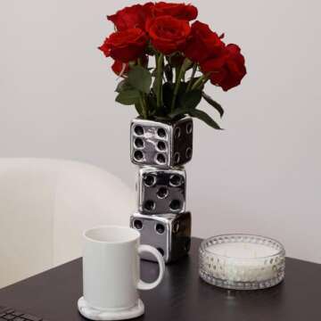 Reimagine Discovery Metallic Silver Triple Dice Vase, Maximalist Decor Ceramic Flower Vase, Retro Home Decor for Desk, Shelf, Table, Bar Cart & Vanity, Unique, Funky, Trendy & Cool Room Decor