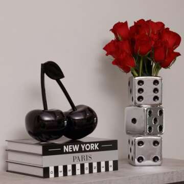 Reimagine Discovery Metallic Silver Triple Dice Vase, Maximalist Decor Ceramic Flower Vase, Retro Home Decor for Desk, Shelf, Table, Bar Cart & Vanity, Unique, Funky, Trendy & Cool Room Decor