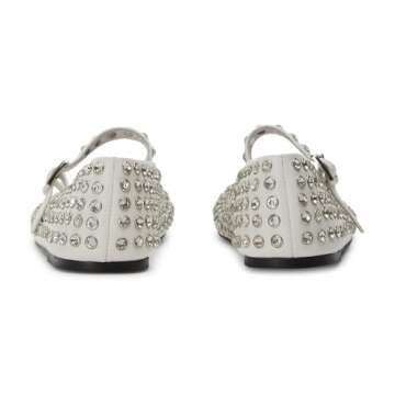 Yishaweiqi Crystal Rhinestone Flats for Women Buckle Strap Mary Jane Flats Glitter Studded Ballet Flats Comfortable Round Toe Casual Ballerina Dress Shoes White