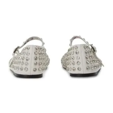 Yishaweiqi Crystal Rhinestone Flats for Women Buckle Strap Mary Jane Flats Glitter Studded Ballet Flats Comfortable Round Toe Casual Ballerina Dress Shoes White