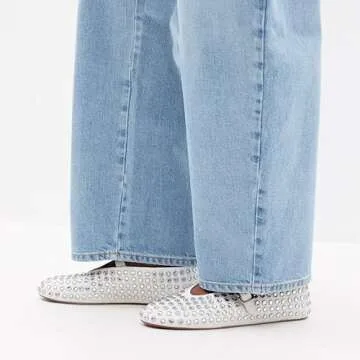 Yishaweiqi Crystal Rhinestone Flats for Women Buckle Strap Mary Jane Flats Glitter Studded Ballet Flats Comfortable Round Toe Casual Ballerina Dress Shoes White