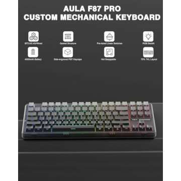 AULA F87 Pro Wireless Mechanical Keyboard,Tri-Mode BT5.0/2.4GHz/USB-C Gasket Hot Swappable Custom Ke...