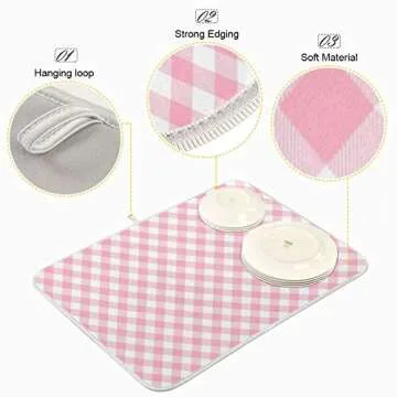 ATTX Pink Gingham Dish Drying Mat, Eco-Friendly & Absorbent