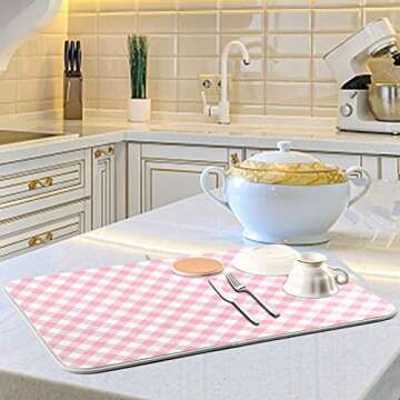 ATTX Pink Gingham Dish Drying Mat, Eco-Friendly & Absorbent