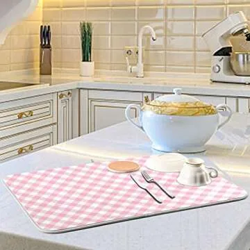 ATTX Pink Gingham Dish Drying Mat, Eco-Friendly & Absorbent