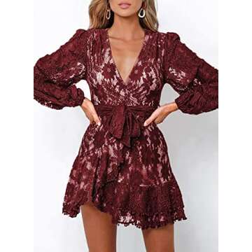 FARYSAYS Womens Lace Wrap Mini Dresses Floral V Neck Ruffle Short Dress with Belt