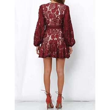FARYSAYS Womens Lace Wrap Mini Dresses Floral V Neck Ruffle Short Dress with Belt