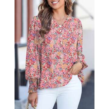 Dokotoo Womens Work Business Chiffon Blouses and Tops Loose Fit Dressy Easel Floral Print V Neck Lon...