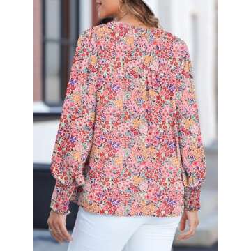 Dokotoo Womens Work Business Chiffon Blouses and Tops Loose Fit Dressy Easel Floral Print V Neck Long Sleeve Shirts for Women Button Down Smocked Office Boho Top Trendy Purple Large