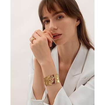 WOWORAMA Hammered Gold Cuff Bracelet for Women Wide Chunky Open Cuff Bangles Vintage Statement Gold Bracelet Adjustable Thick Wrist Cuff Bracelets