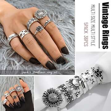 KISS WIFE Cool Rings Set for Women, Vintage Silver Punk Rings Bulk, Gothic Chunky Knuckle Emo Stackable Finger Ring Pack (Bohemian)