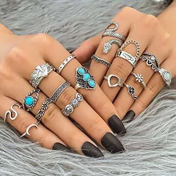 KISS WIFE Cool Rings Set for Women, Vintage Silver Punk Rings Bulk, Gothic Chunky Knuckle Emo Stackable Finger Ring Pack (Bohemian)