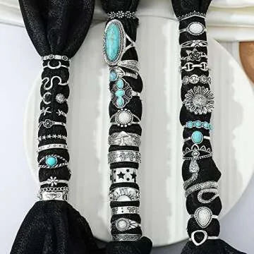 KISS WIFE Cool Rings Set for Women, Vintage Silver Punk Rings Bulk, Gothic Chunky Knuckle Emo Stackable Finger Ring Pack (Bohemian)