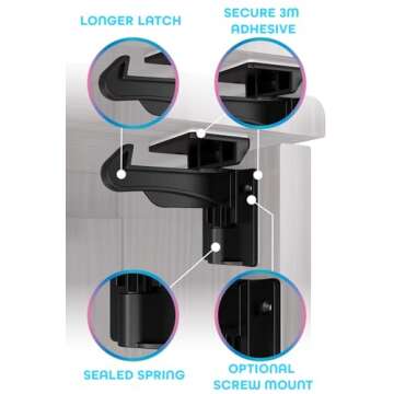 Cabinet Locks Baby Proofing- 12 Pack - Child Proof Cabinet Locks to Protect Little Fingers from Cleaning and Medical Supplies - Adhesive Back for Easy Screw Fitting