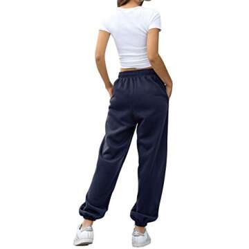 HeSaYep Women's High Waisted Sweatpants - Vintage Chic Joggers in Navy Blue for All Seasons