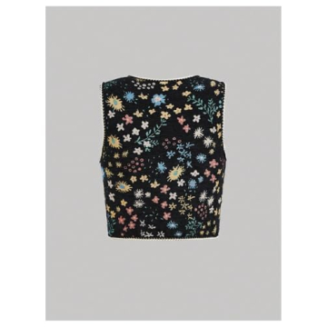 GORGLITTER Women's Tie Front Sweater Vest Tops Fashion Casual Trendy Crochet Sleeveless Cardigan Western Outfits 2024 Black Floral Medium
