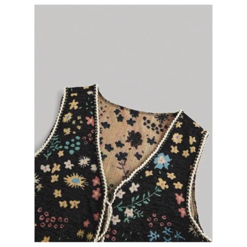GORGLITTER Women's Tie Front Sweater Vest Tops Fashion Casual Trendy Crochet Sleeveless Cardigan Western Outfits 2024 Black Floral Medium