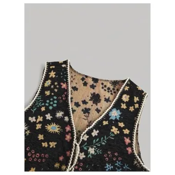 GORGLITTER Women's Tie Front Sweater Vest Tops Fashion Casual Trendy Crochet Sleeveless Cardigan Western Outfits 2024 Black Floral Medium