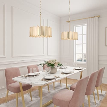 Durent Lighting Gold Drum Chandelier 4-Light Modern Drum Pendant Lighting Fixture with Cream Glass Shade, 16” Round Ceiling Hanging Light for Bedroom Dining Room Kitchen Foyer Entryway Living Room